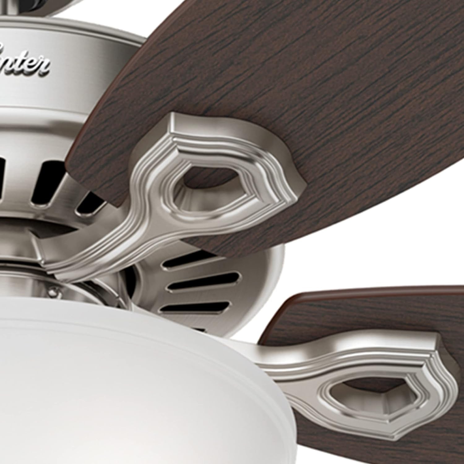 Builder Deluxe 52 Inch Brushed Nickel Indoor Ceiling Fan close-up showing the unique blade design and brushed nickel accents.