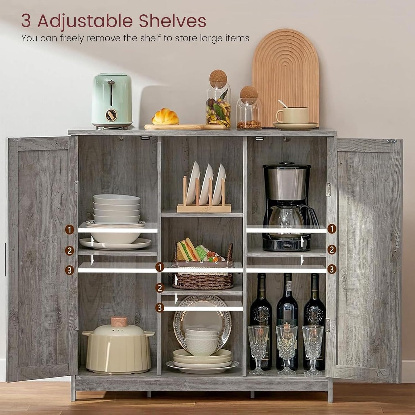 Grey Storage Cabinet With 2 Doors And 4 Adjustable Shelves