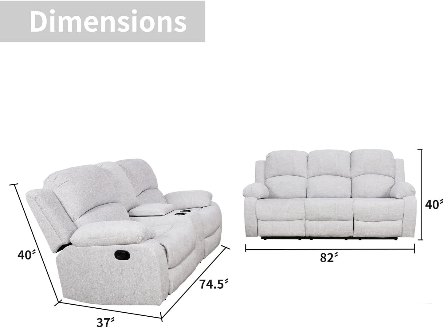 Grey Linen Recliner Sofa Set Featuring Drop Down Table