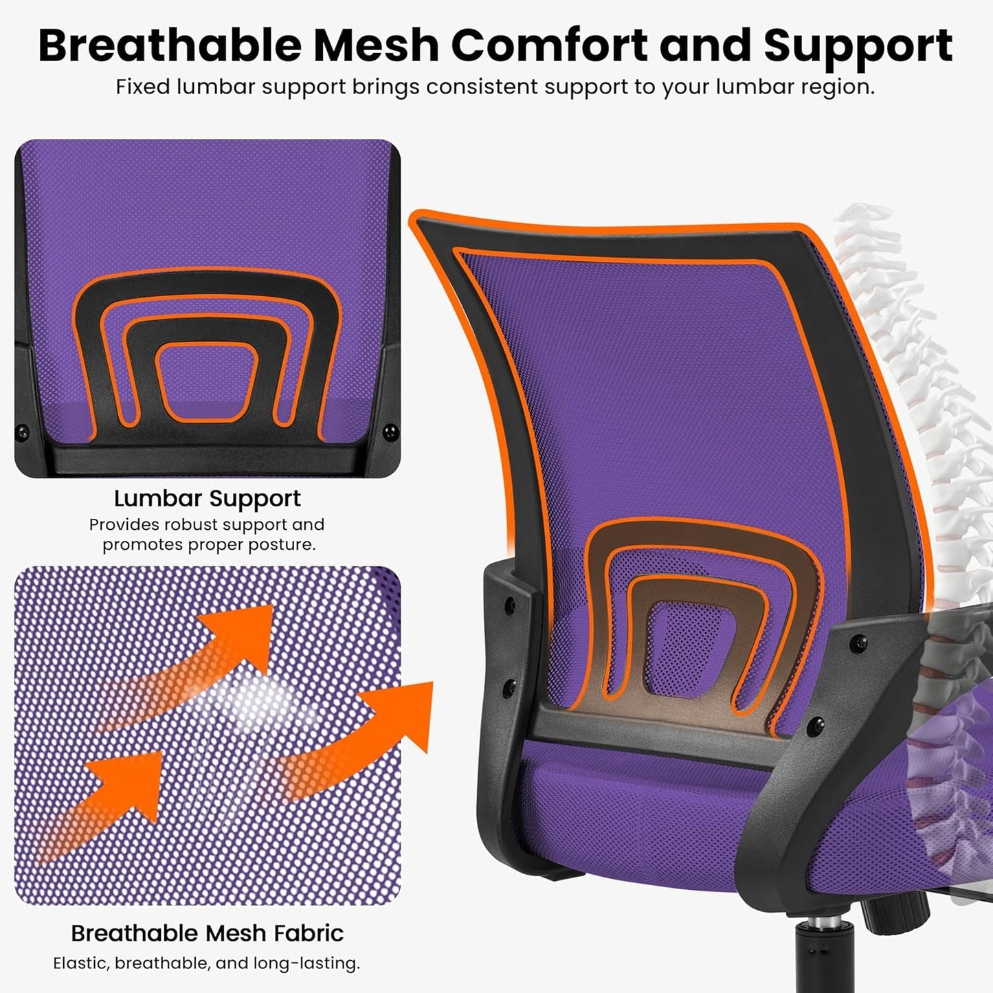 2Pcs Ergonomic Purple Mesh Desk Chairs With Lumbar Support For Long Workdays And Back Pain Relief