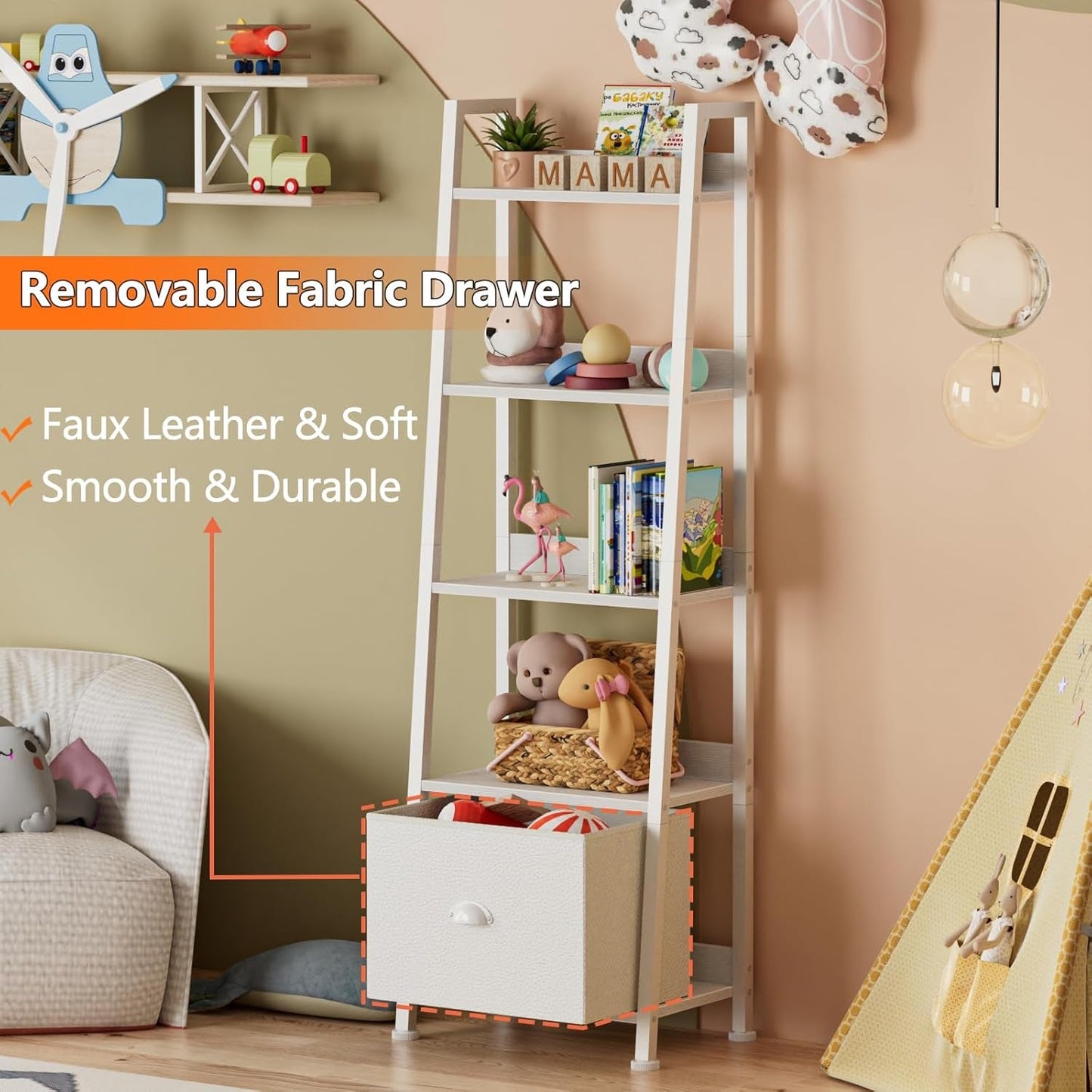 5 Tier White Ladder Shelf With Removable Fabric Drawer