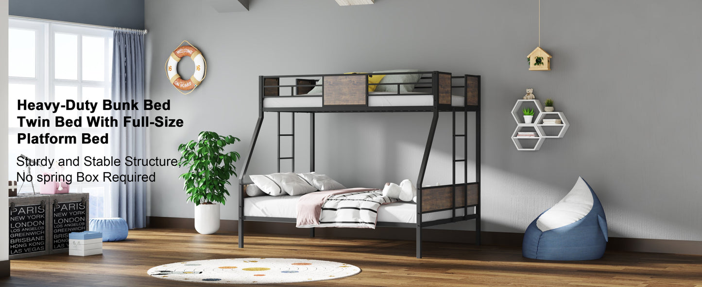 Twin Over Full Bunk Beds, Metal Bunk Bed Frame with Safety Guardrail and 2 Ladder for Kids,Sturdy Metal Frame and Protective Board Supports, No Box Spring Needed, Easy Assembly