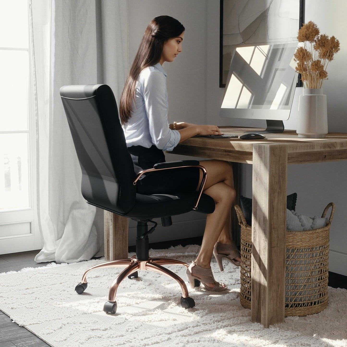 Whitney Mid Back LeatherSoft Desk Chair With Adjustable Height Black Rose Gold