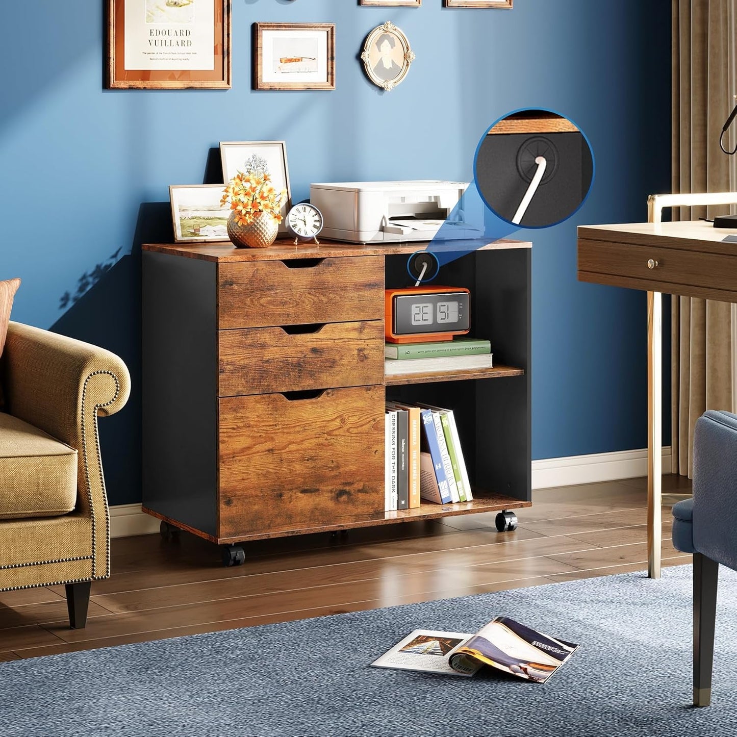 Mobile 3 Drawer Wood File Cabinet With Open Storage Shelves Rustic Brown