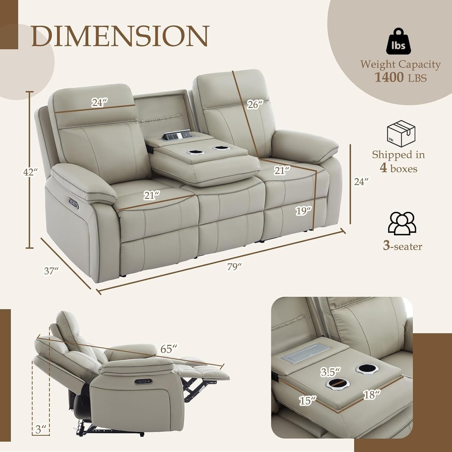 Grey Power Reclining Sofa With Fold Down Table Usb Type C