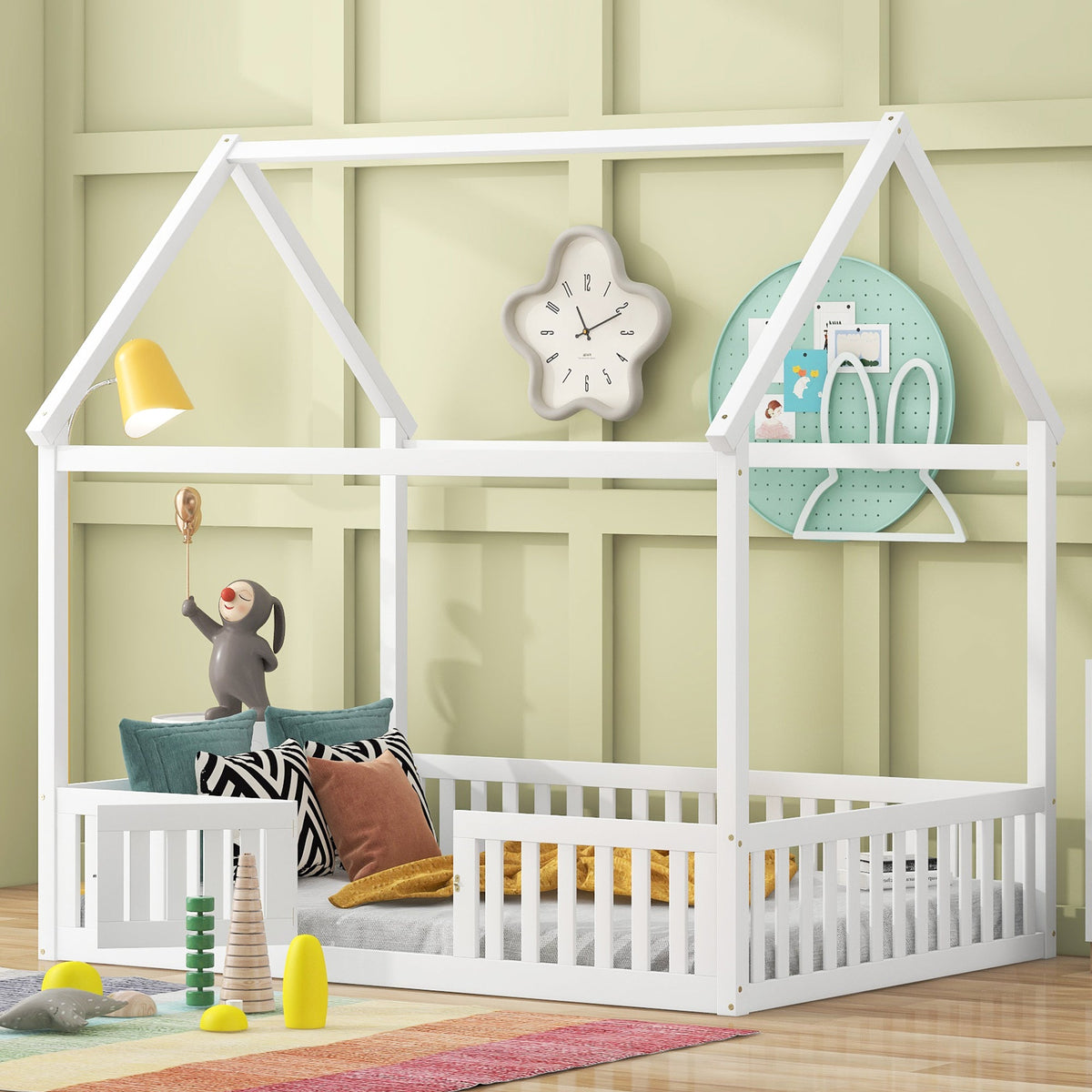 Full Size Wood House Bed with Fence and Door