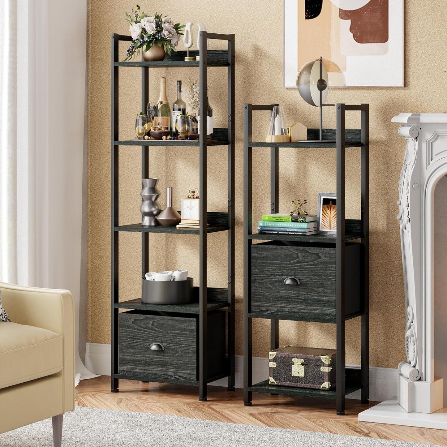 5 Tier Bookshelf With Drawer Black In Modern Rustic Style