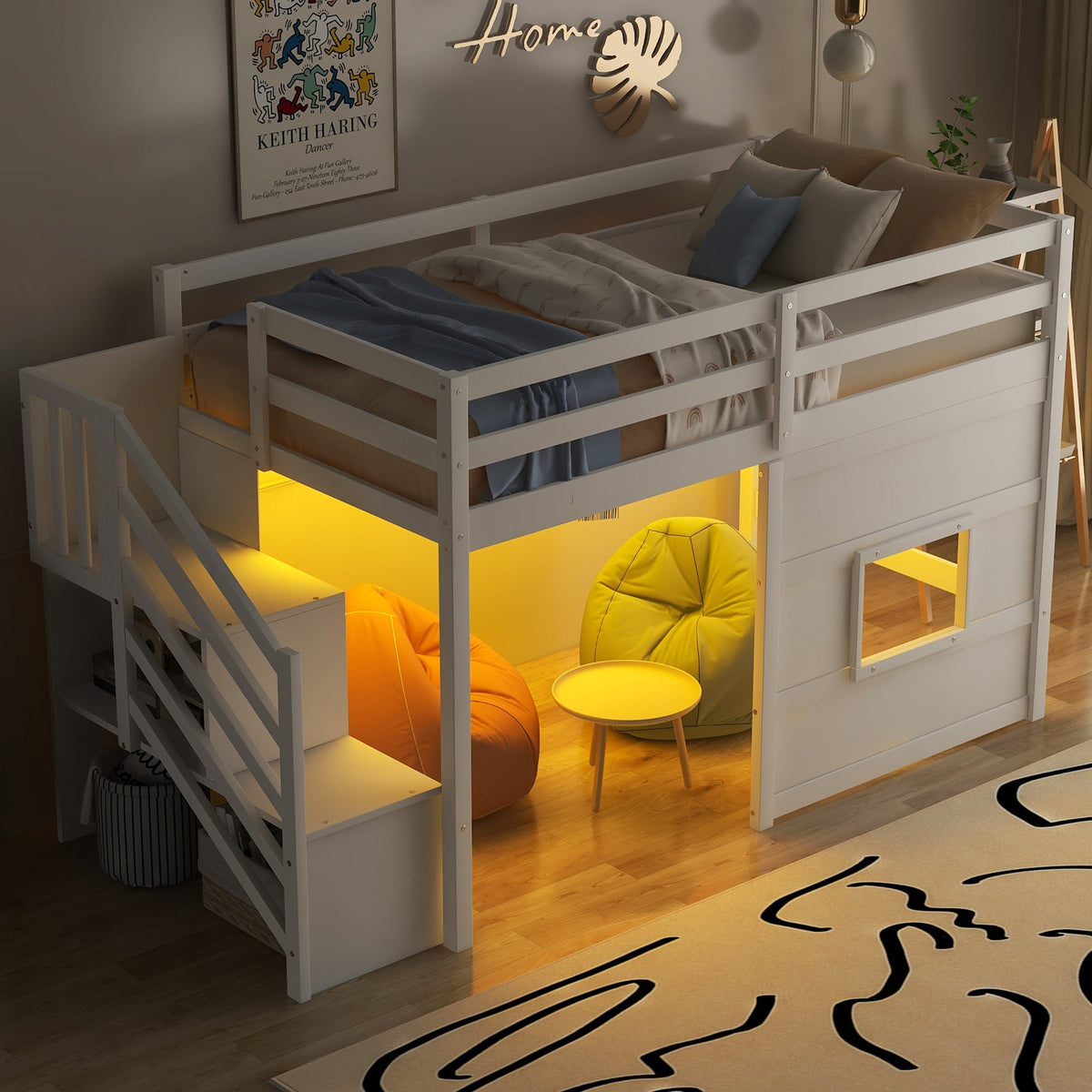 Twin Size Loft Bed with Storage Staircase and Window