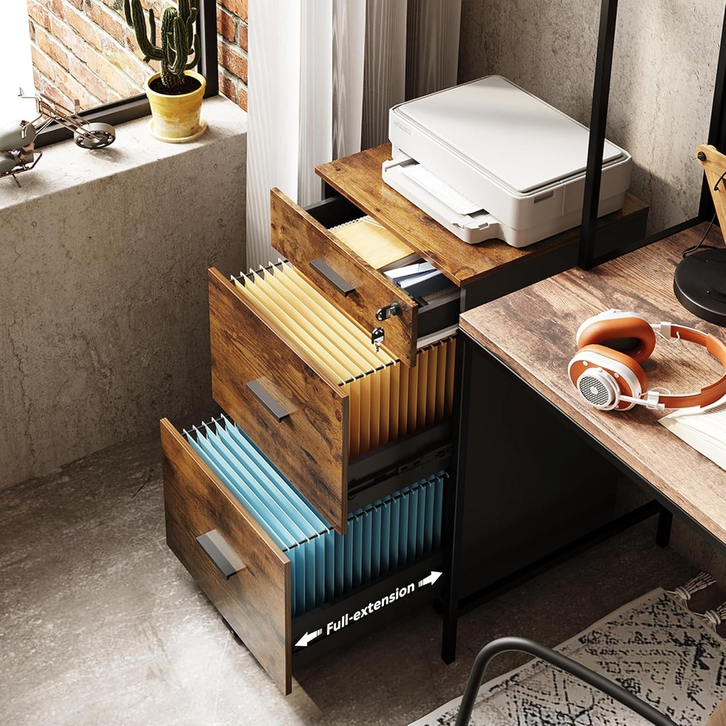3 Drawer Lockable Rolling File Cabinet In Rustic Brown Fits Letter And A4 Size For Home Office