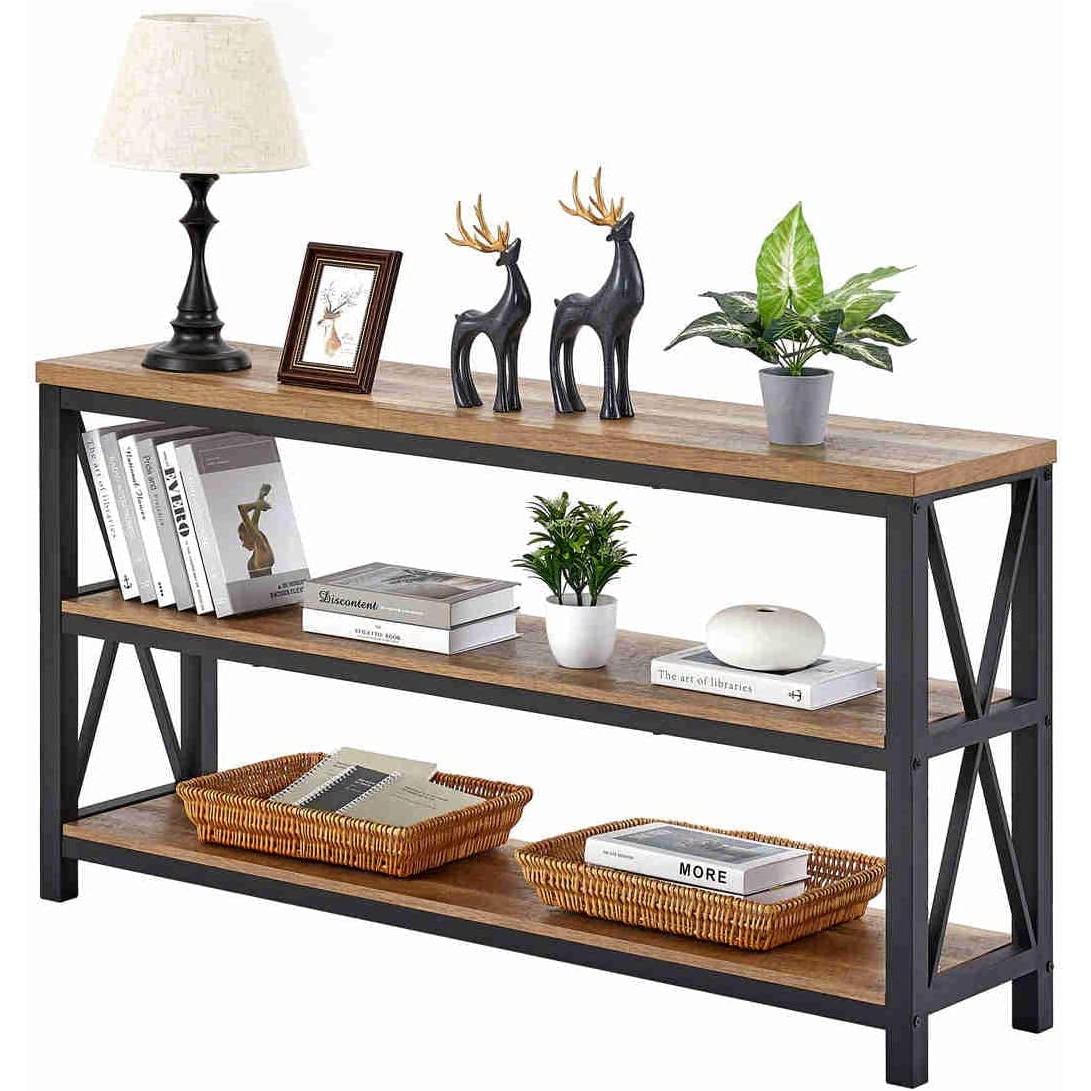Rustic Wood Console Table With Three Shelves Metal Frame