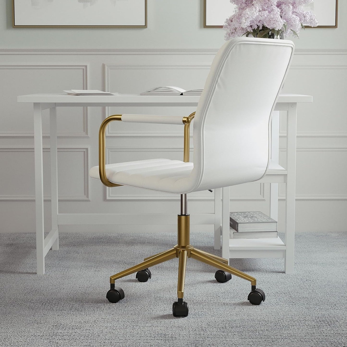 Taytum Swivel Task Chair White Faux Leather Brass Frame