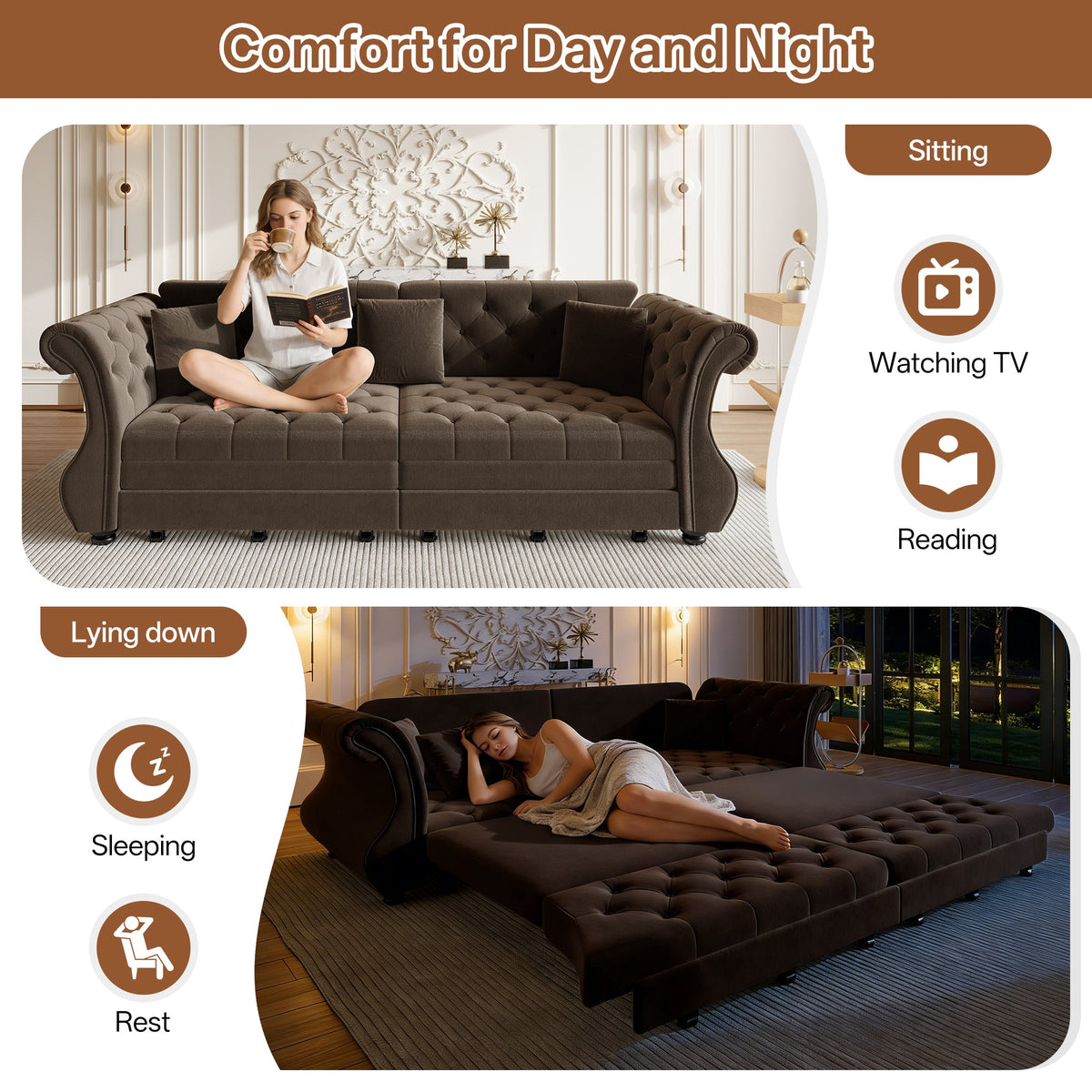 97.6" Oversized Chesterfield Pull Out Sofa Bed