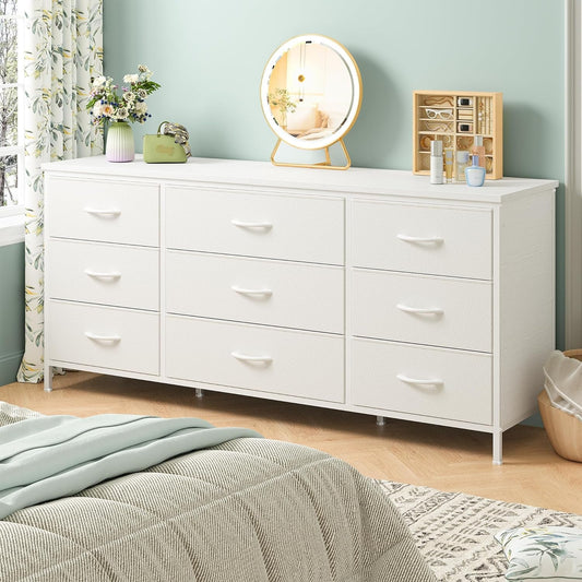 White Dresser TV Stand With 9 Drawers For Bedroom Storage