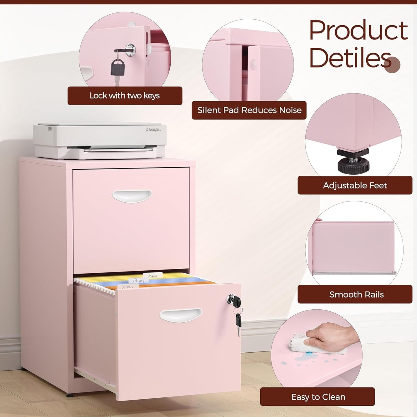 Metal Pink 2 Drawer Locking File Cabinet For Hanging Files Letter A4 Documents Compact