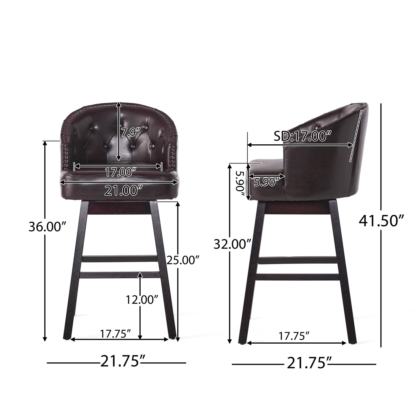 360 Degree Swivel Bar Stool with Stunning Nailhead Trim, Set of 2