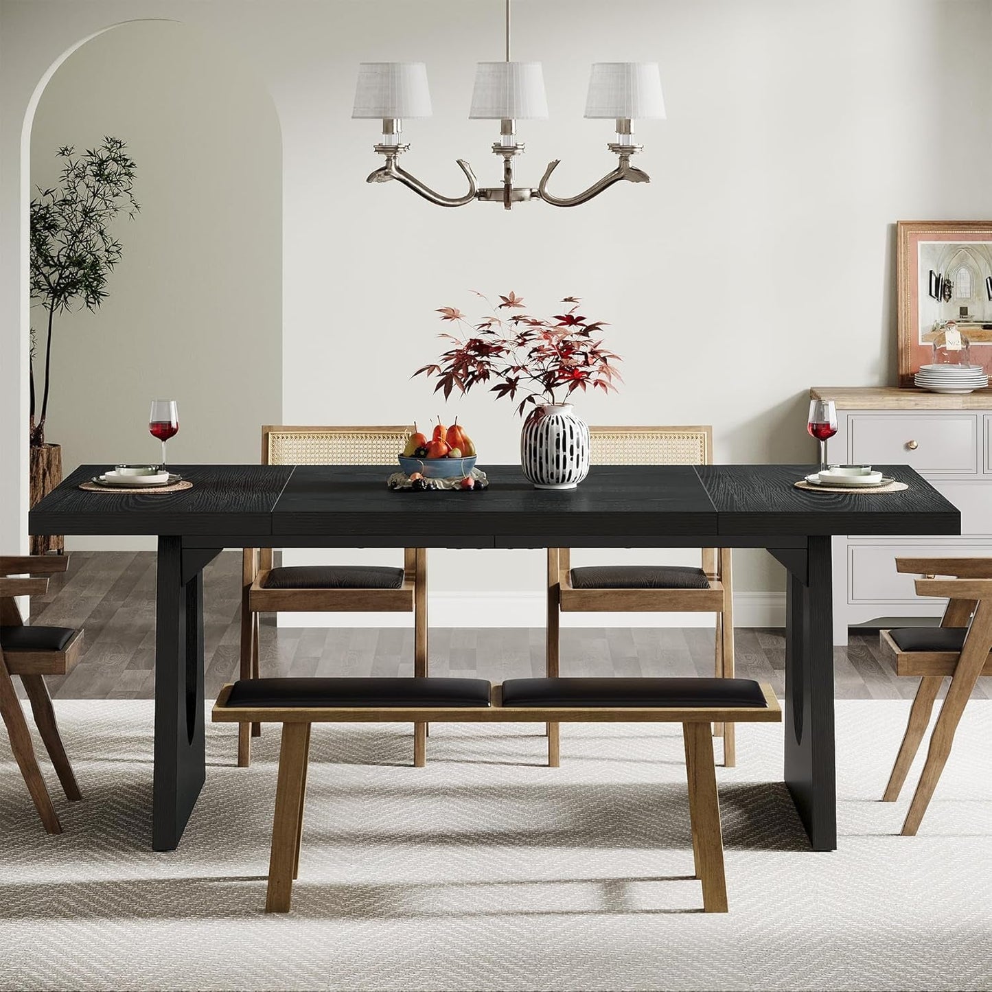 70.9 Inch Black Contemporary Rectangular Dining Table Seats 6 To 8