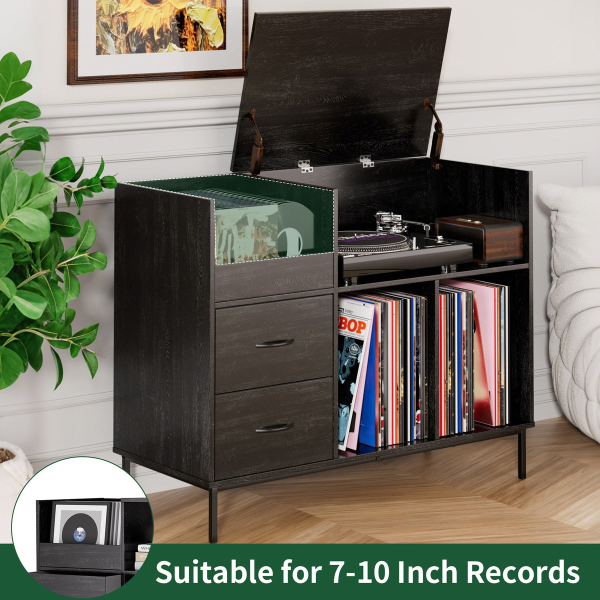 Eco-Friendly Record Player Stand with Flip-Top Storage Cabinet