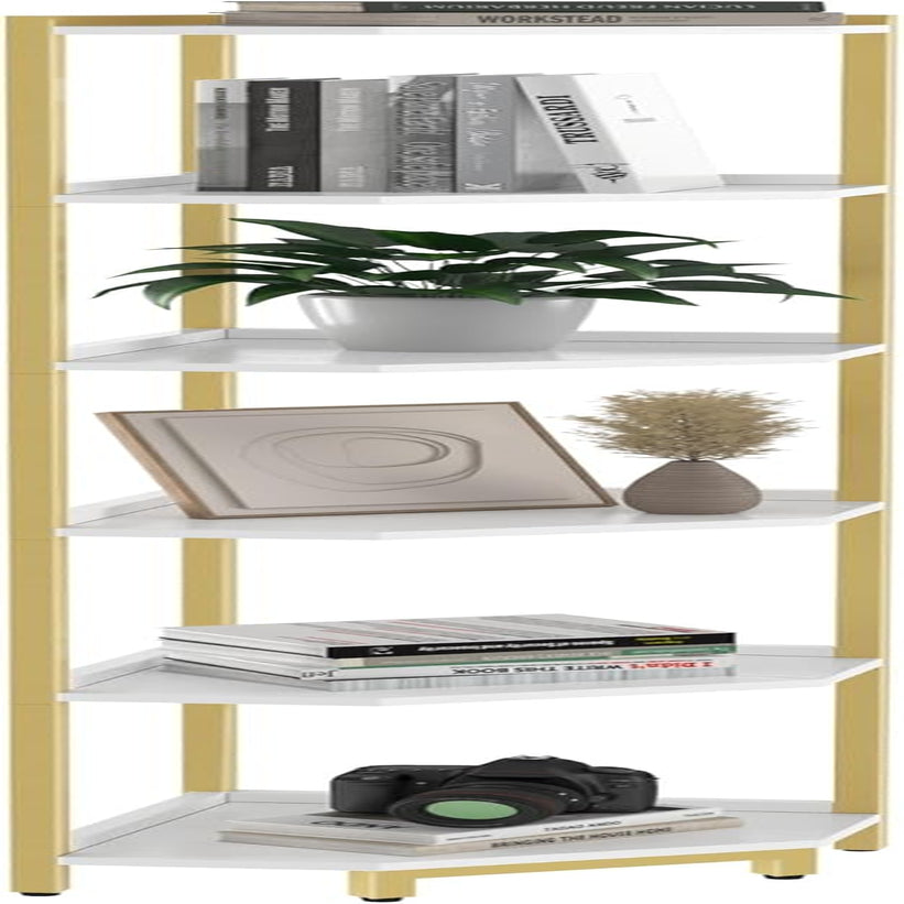 6-Tier Corner Shelf Stand White Gold Finish For Living Room