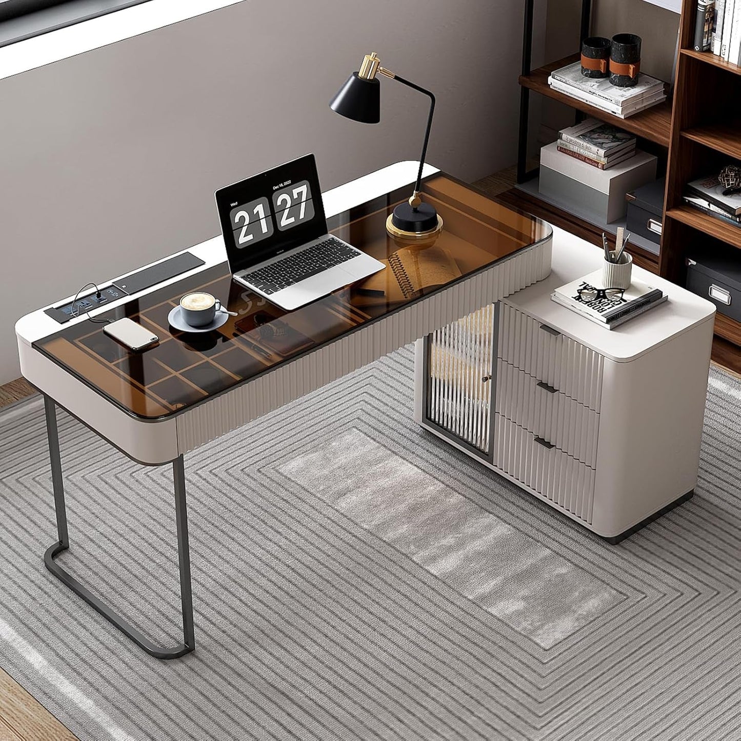 Ivory 50 Inch Office Computer Desk With Cabinet LED lights