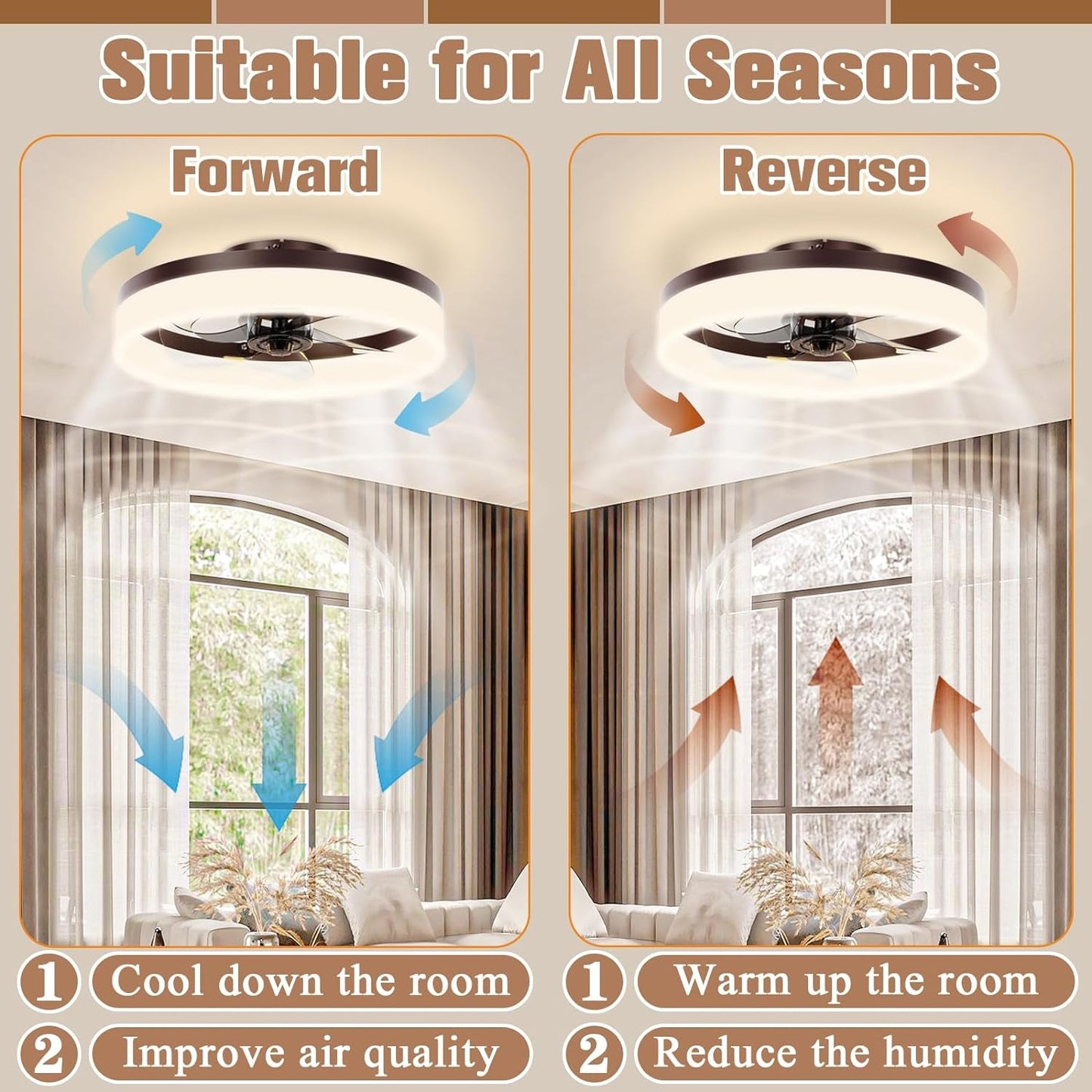 Brown Flush Mount Bladeless Fan Light With Dimmable LED showcasing forward and reverse airflow for all seasons.