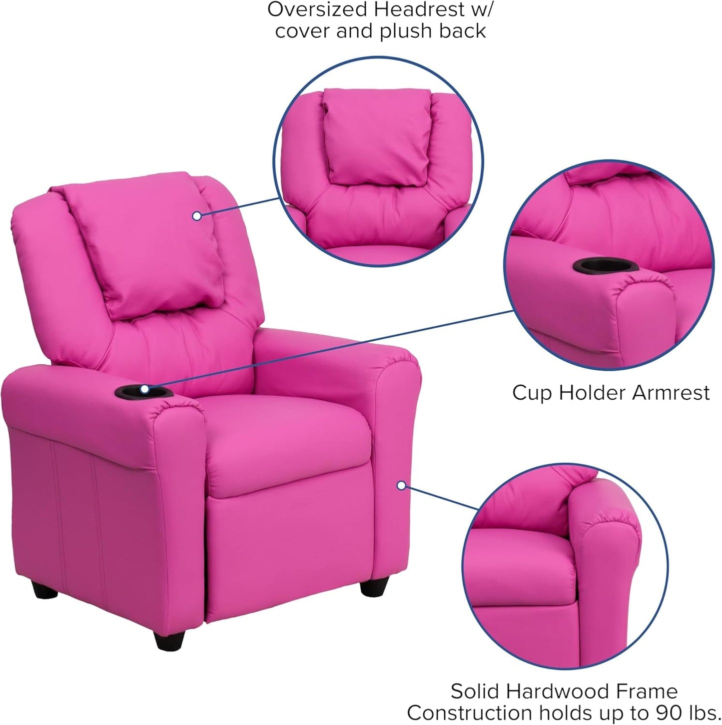 Hot Pink Kids Recliner With Cup Holder Compact Design