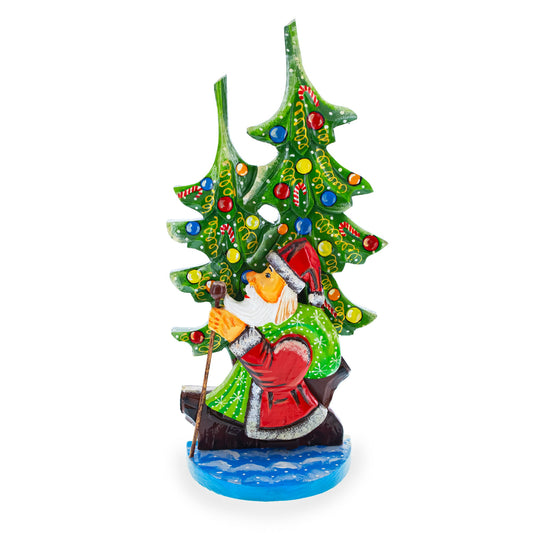 Did Moroz (Santa) and Christmas Tree Hand Carved Ukrainian Wooden Figurine 12.25 Inches