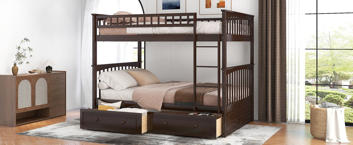 Full Over Full Bunk Bed With Drawers, Convertible Beds, Gray
