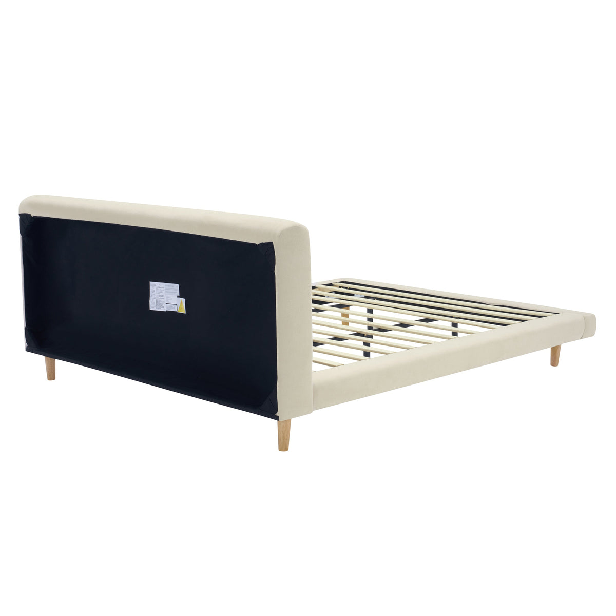 Beige Chunky Headboard Bed Frame, Solid Rubberwood Legs, Cal-King
