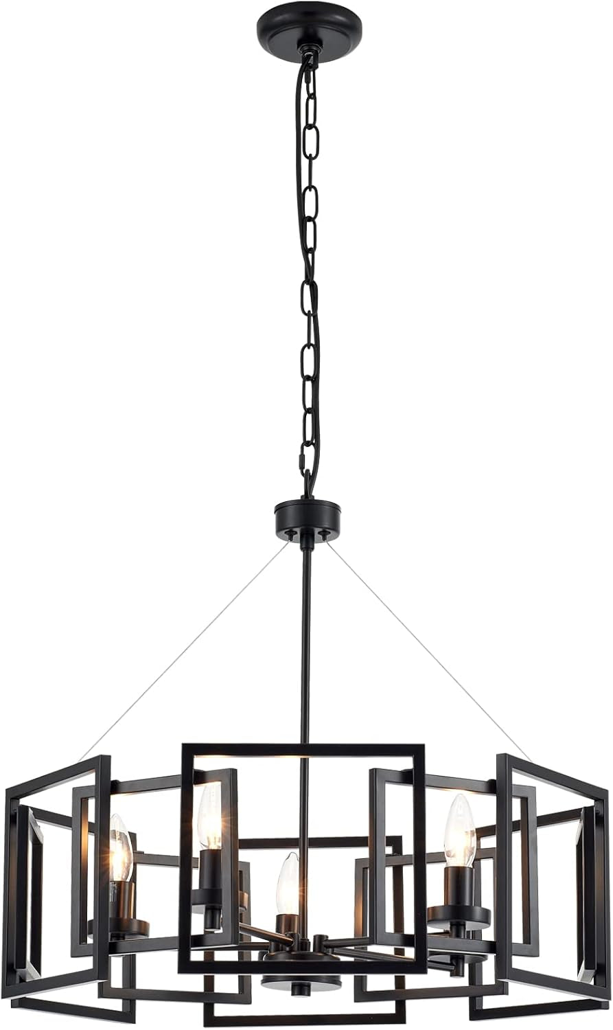 Industrial Style Five Light Matte Black Pendant Chandelier with geometric design and five light bulbs.