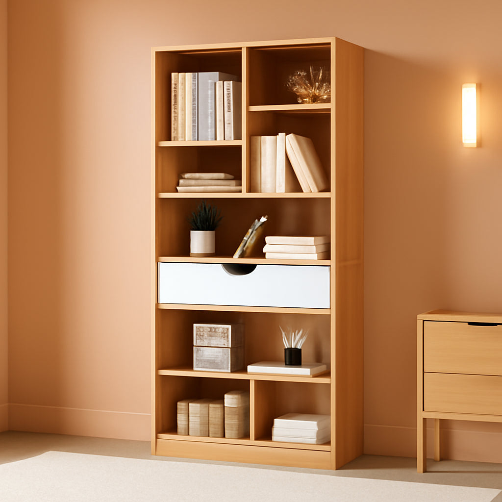Maple Yellow Wooden Bookcase With Drawer And Cube Shelves