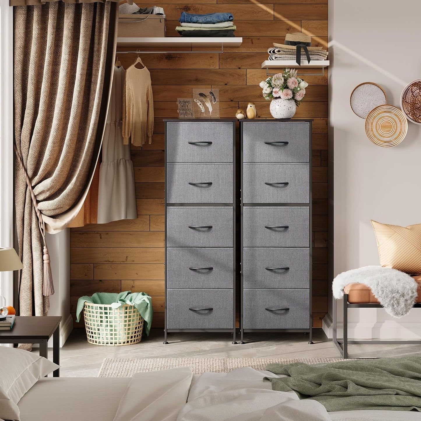 Dark Grey Fabric Dresser 5 Drawer Tall Storage Unit