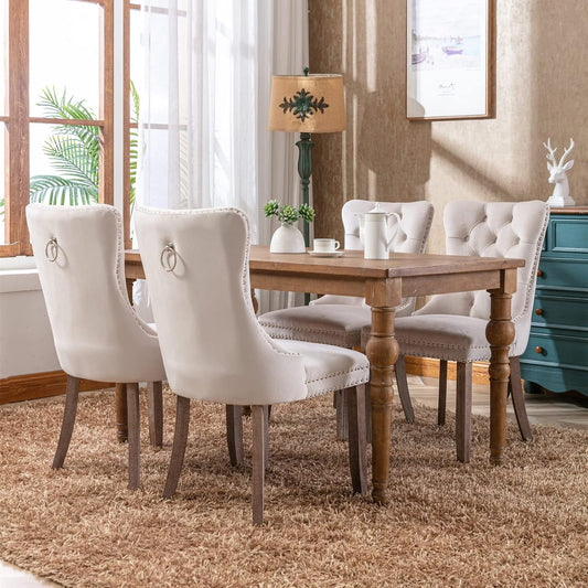 Beige Velvet Tufted Dining Chairs 4 Pack With Nailhead Trim