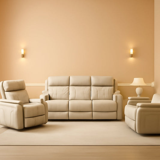 Power Reclining Leather Sofa Set With USB Ports Khaki