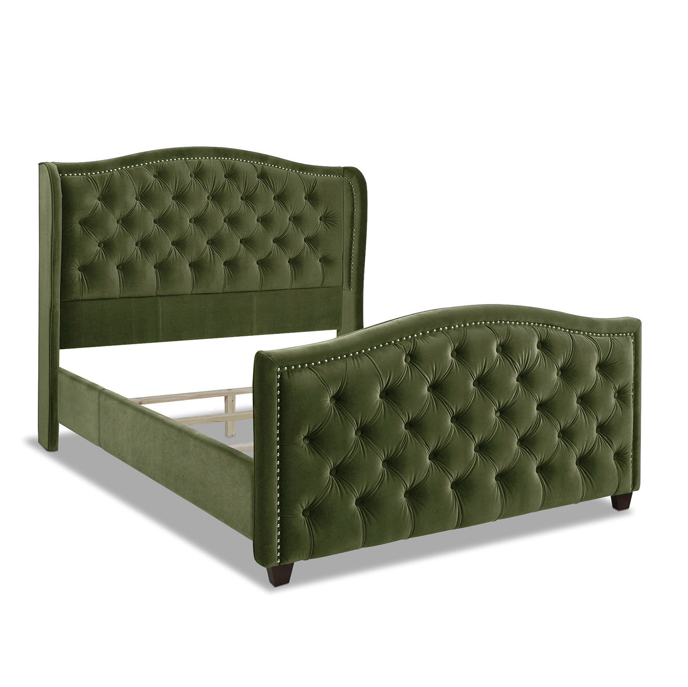 Marcella Upholstered Shelter Headboard Bed Set, Queen, Olive Green Performance Velvet