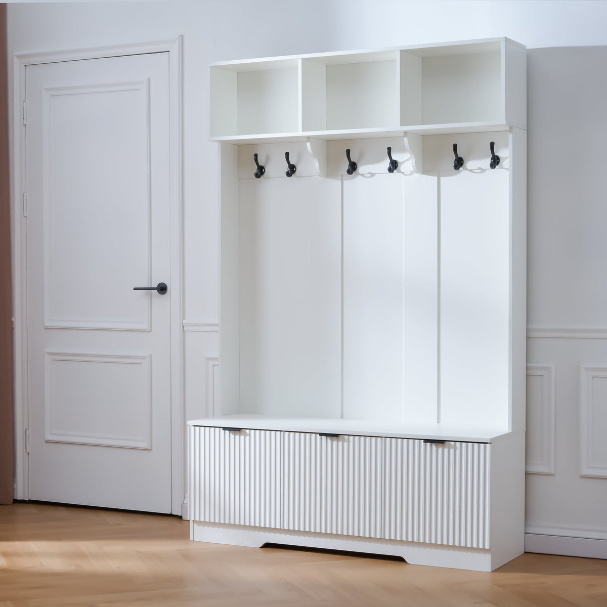 49.6" 5-in-1 Hall Tree with Bench, Shoe Storage & Open Cabinets
