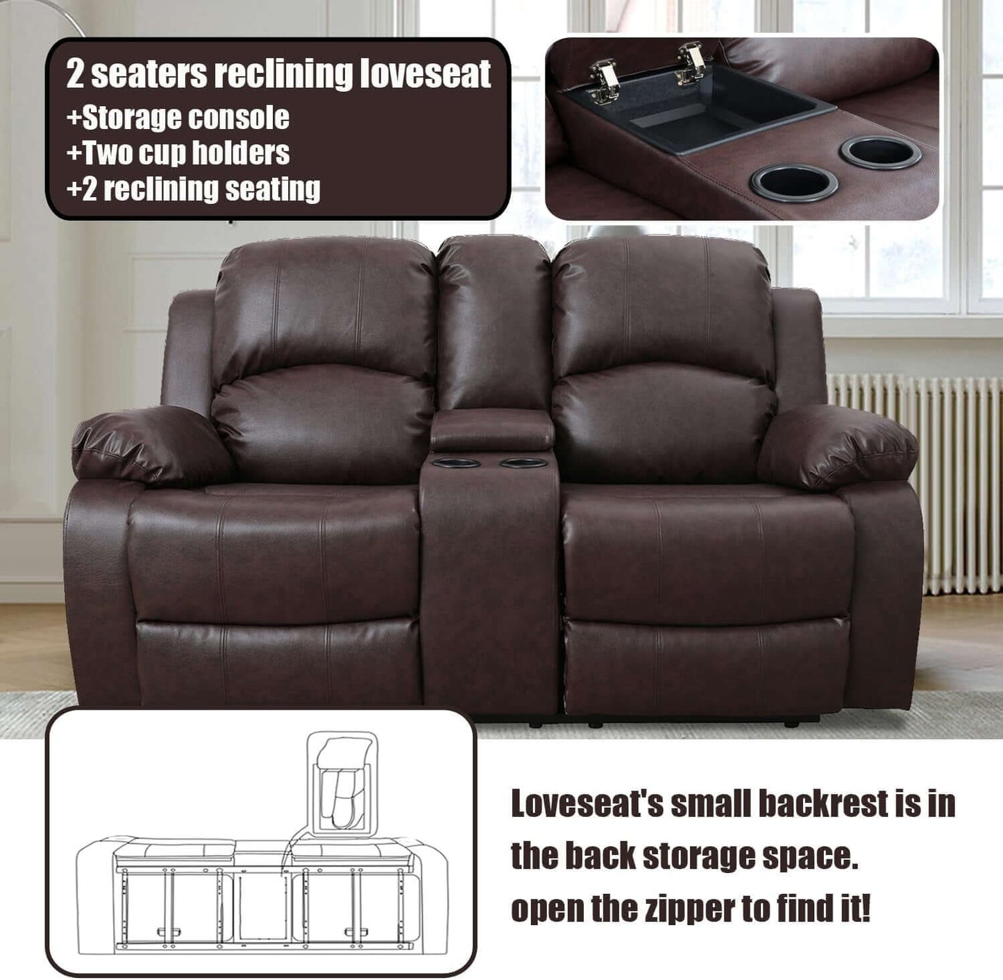 Brown Faux Leather Reclining Living Room Set Sofa Loveseat Chair with storage console and cup holders for comfort.