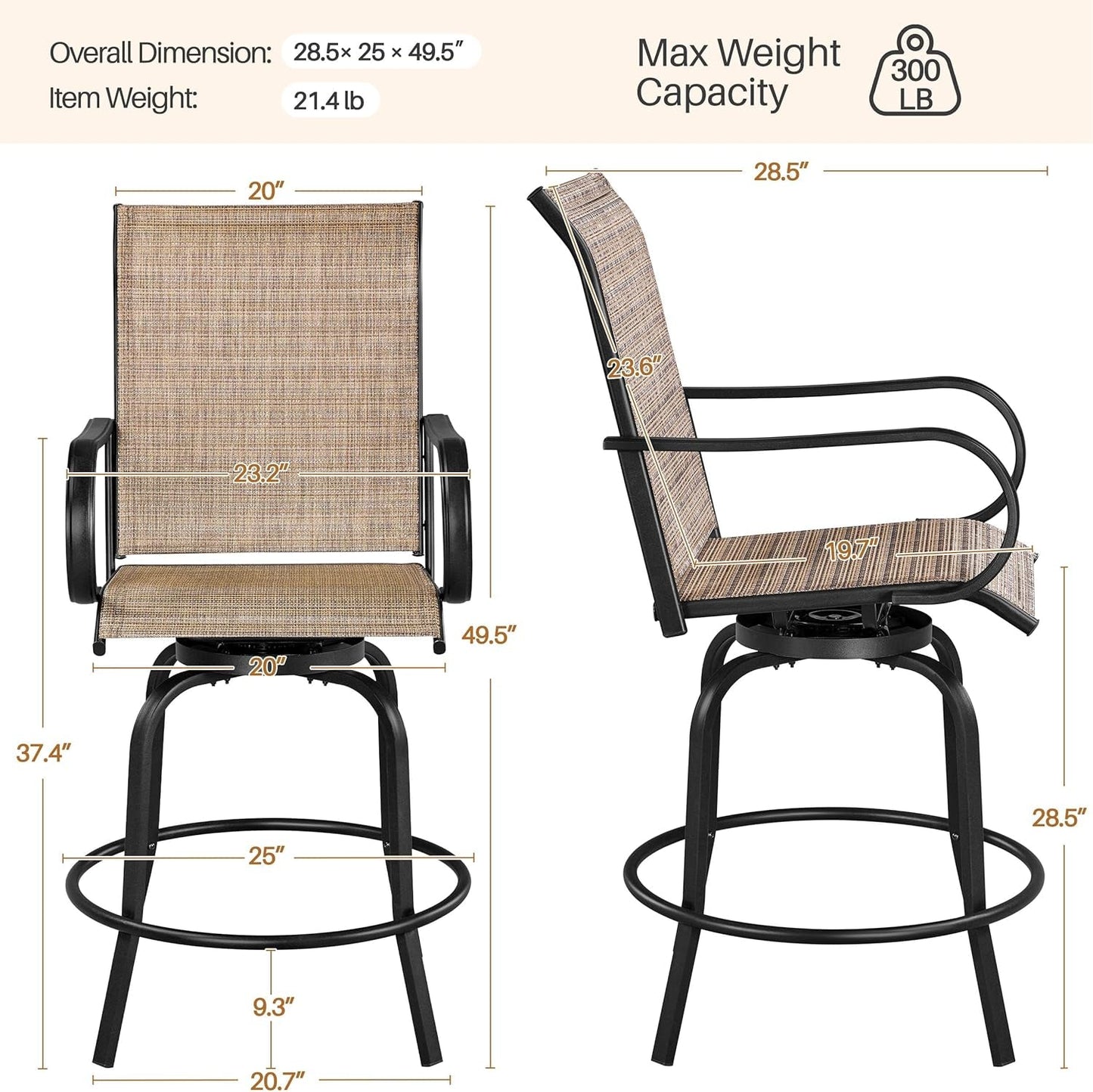 Outdoor Swivel Barstools Set of Four dimensions and weight specifications for outdoor seating comfort.