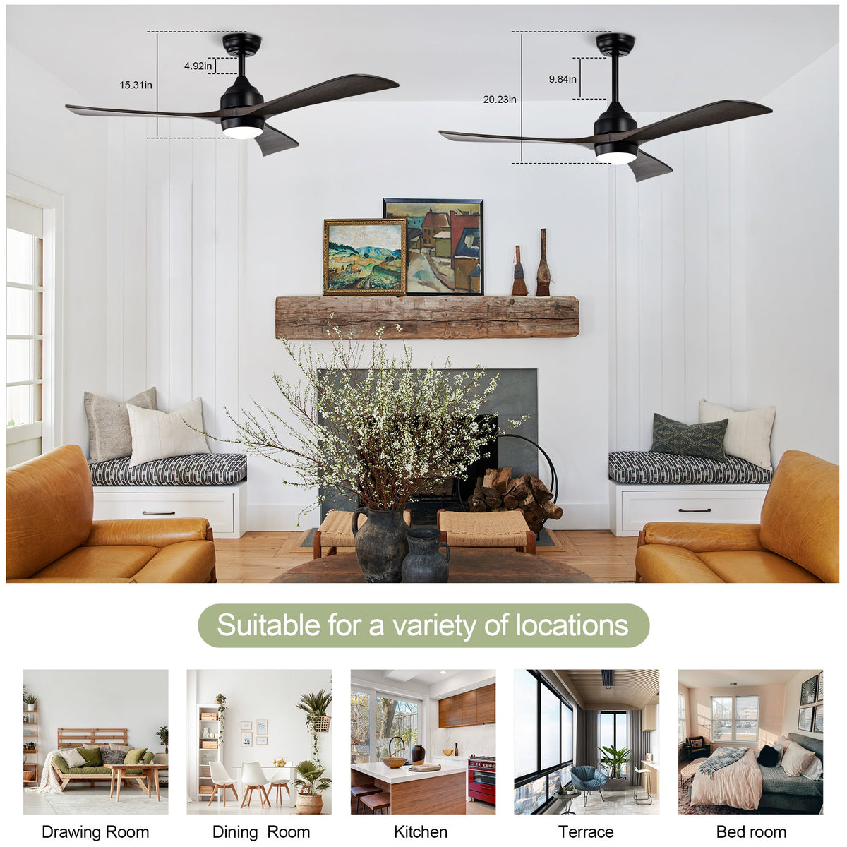52" Solid Wood Blades Ceiling Fan with Lights Remote Control