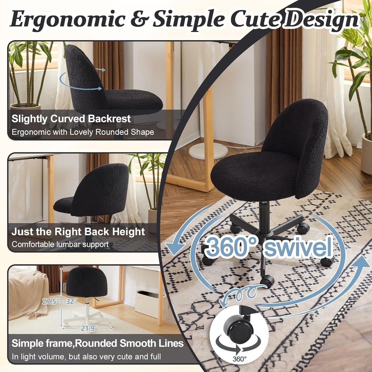 Candy Chair Jet Black Armless Desk Chair With Teddy Fleece