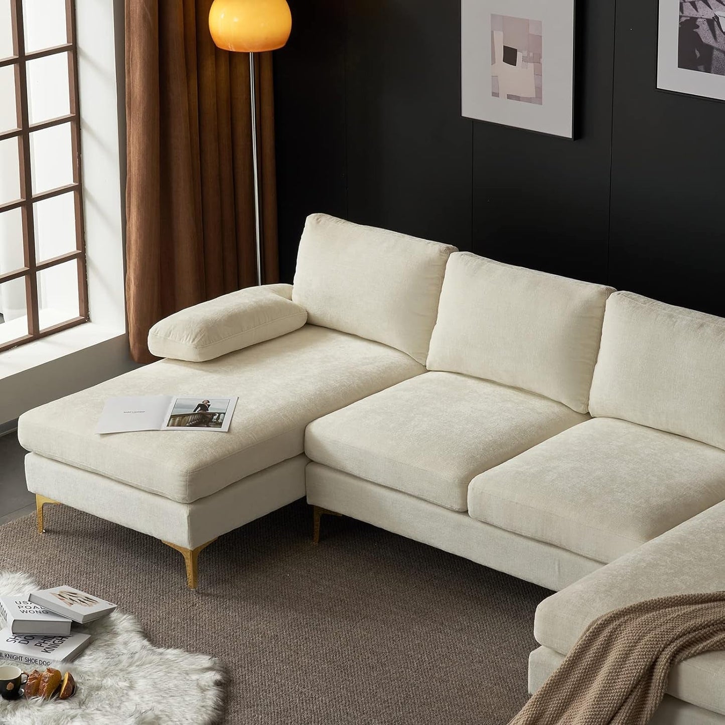 Convertible Sectional Sofa 110 Inch U Shape Creamy White