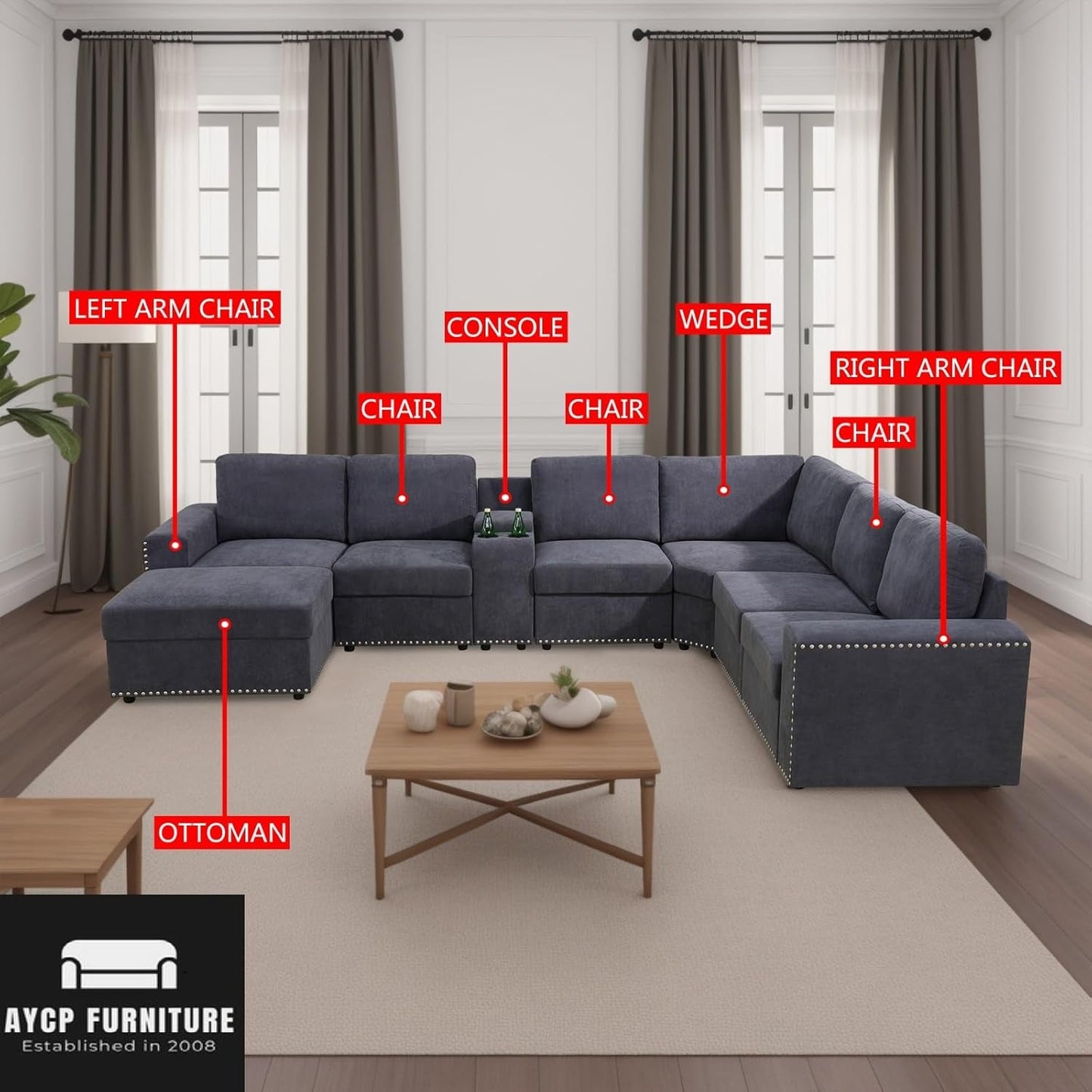 Flannel Modular Sectional Sofa With USB Ports Grey