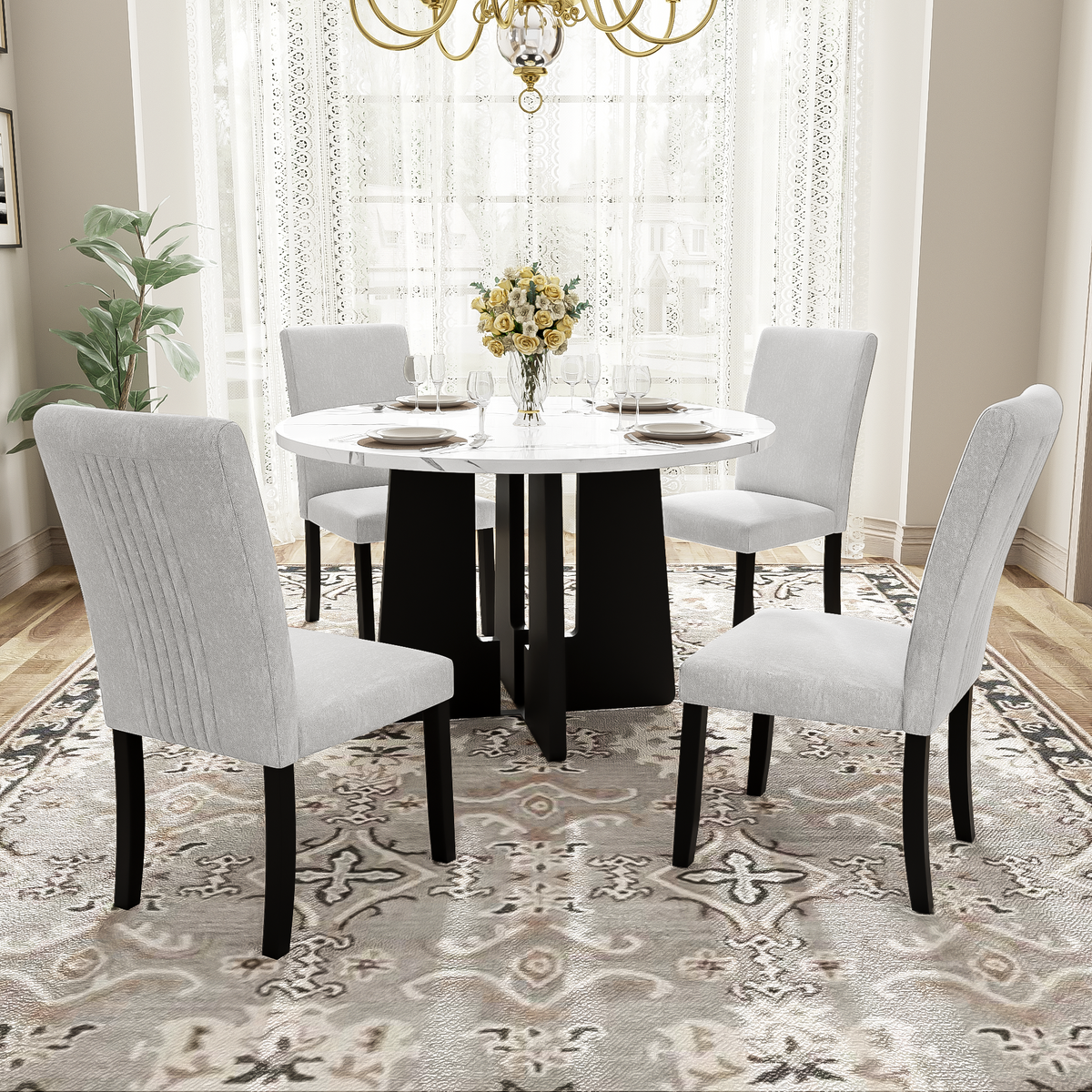 5-Piece Round Dining Table Set with Upholstered Chairs