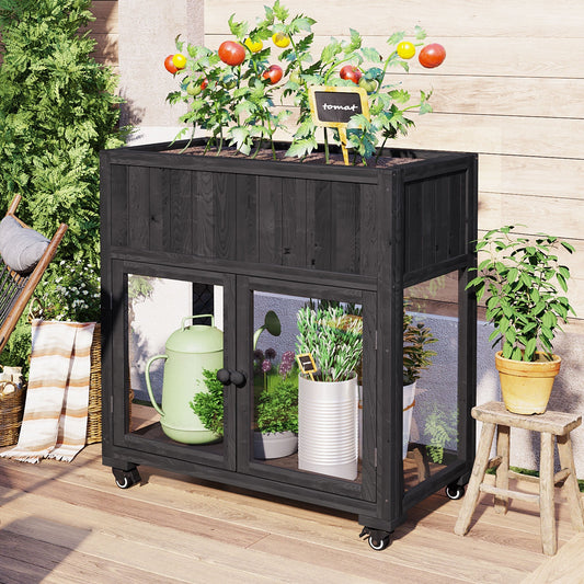 TOPMAX Patio Mini Wood Cold Frame Greenhouse with Wheels