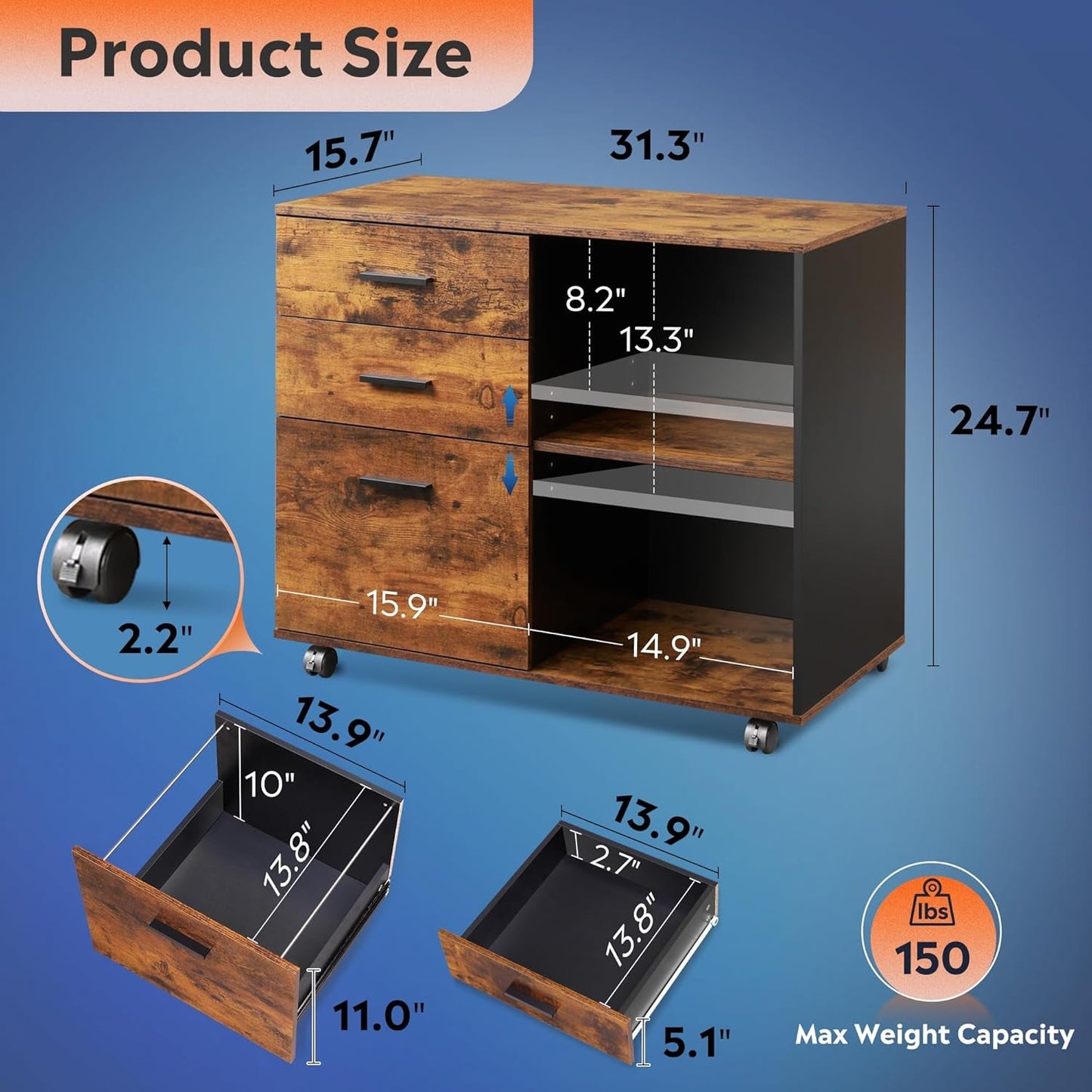 Rustic Brown 3 Drawer Mobile File Cabinet With Open Shelves Printer Stand For Home Office