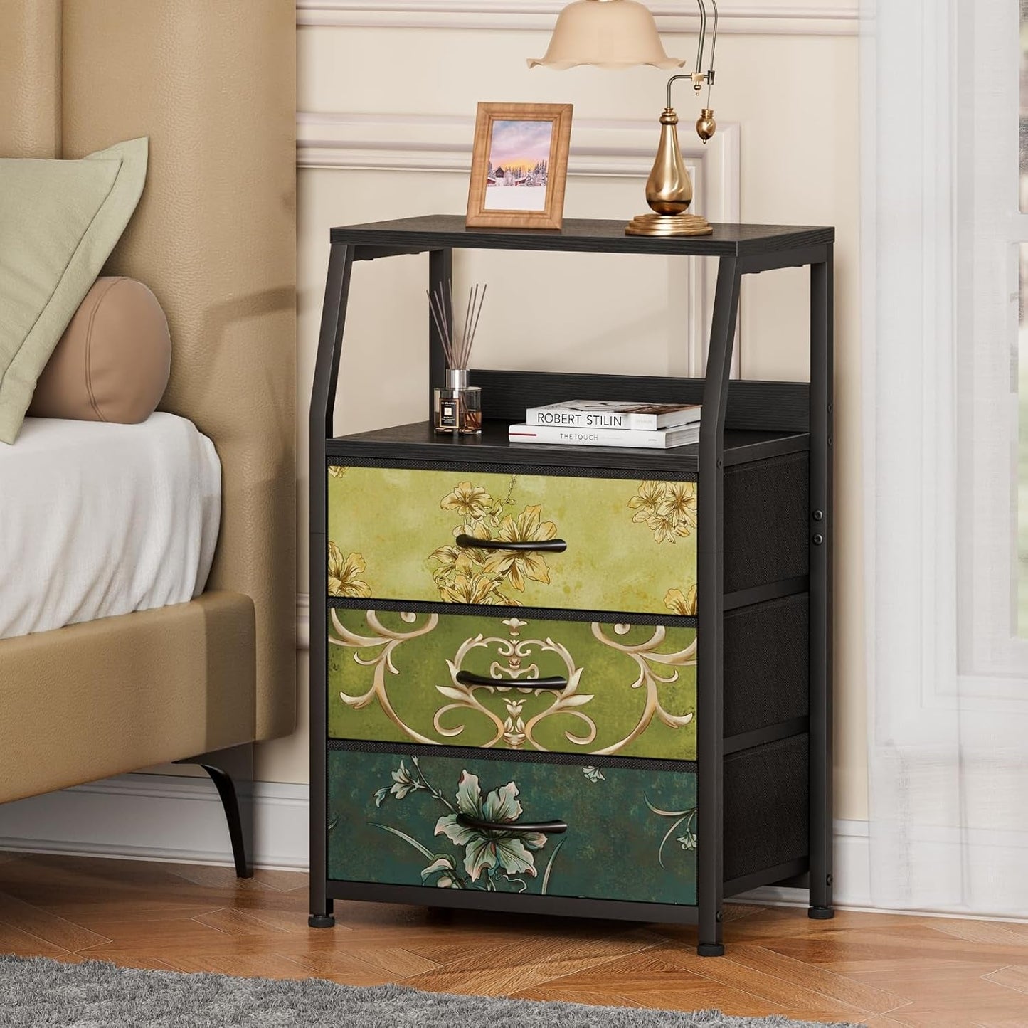 Retro Nightstand With 3 Drawers And 2 Tier Shelf Storage