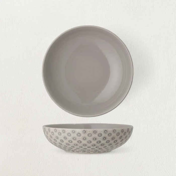 Stoneware Bowl with Grey Hand-Stamped Pattern