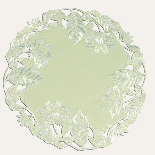 Linen Placemat Doilies - Light Green Round Embroidered Table Mats for Dining