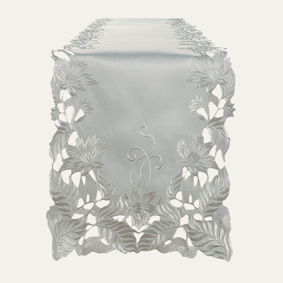 European Embroidered Table Runner - Gray Rustic Dining Linen Decor 14x108 Inches