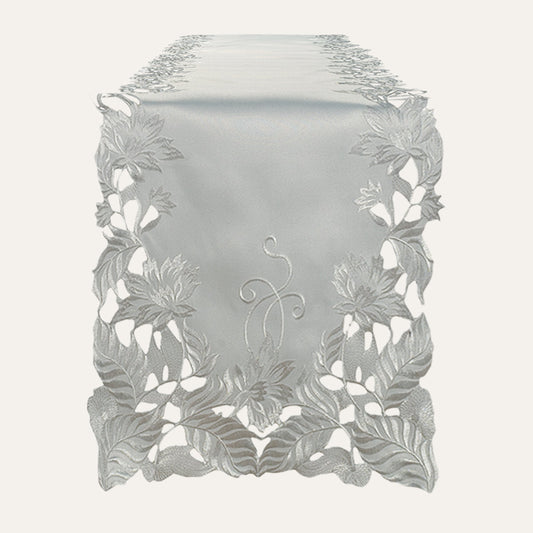 European Embroidered Table Runner - Gray Rustic Dining Linen Decor 14x108 Inches