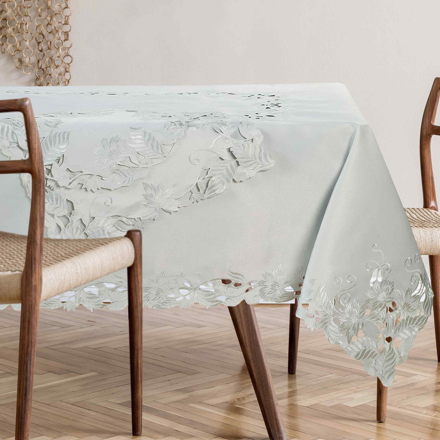European Embroidered Table Topper – Rustic Gray Tablecloth for Dining Protection